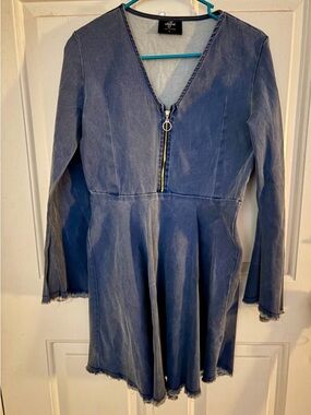 Valfré denim Blue V-Neck Long Sleeve Zip Skater Dress